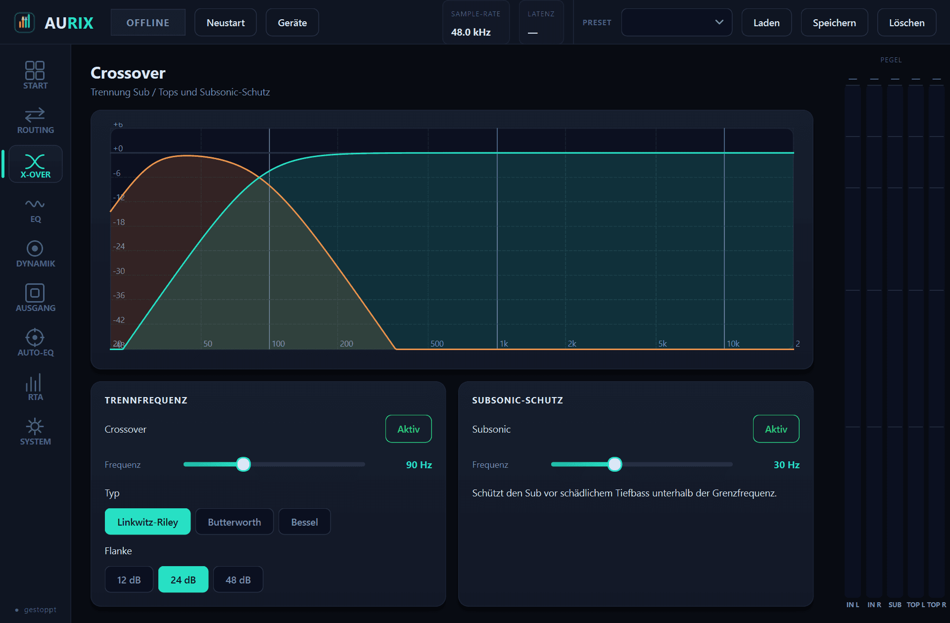 Crossover frequency, filter type and slope up to 48 dB/oct, plus the subsonic filter — with the resulting curves drawn.