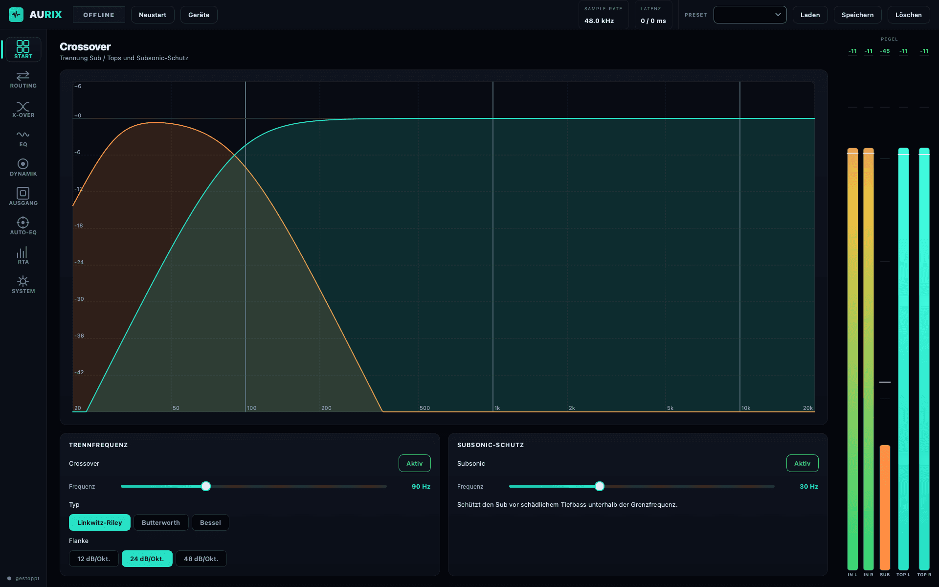 Crossover frequency, filter type and slope up to 48 dB/oct, plus the subsonic filter — with the resulting curves drawn.