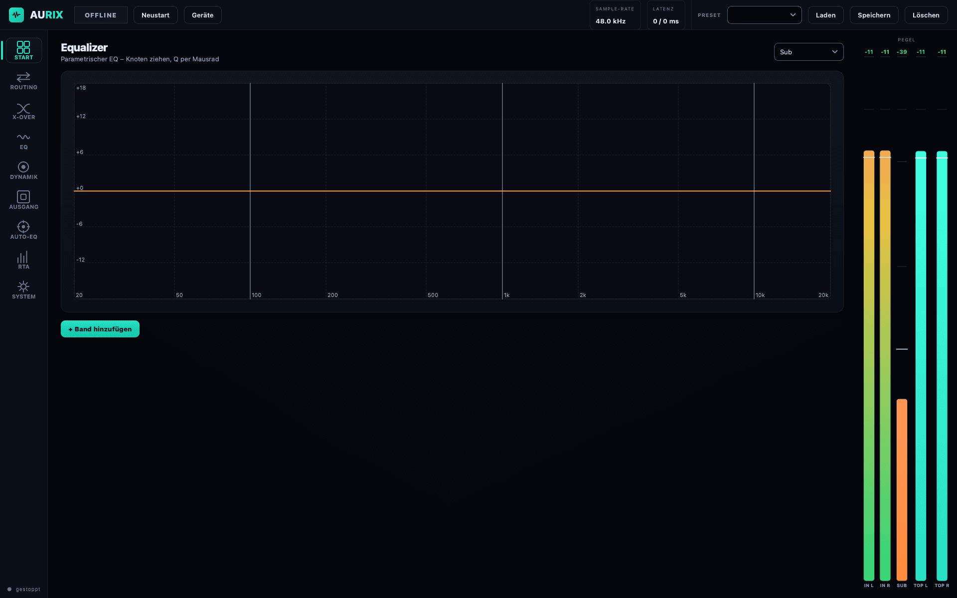 Parametric EQ with the measured response, the target curve and the resulting correction on one graph — filters can be edited by hand afterwards.