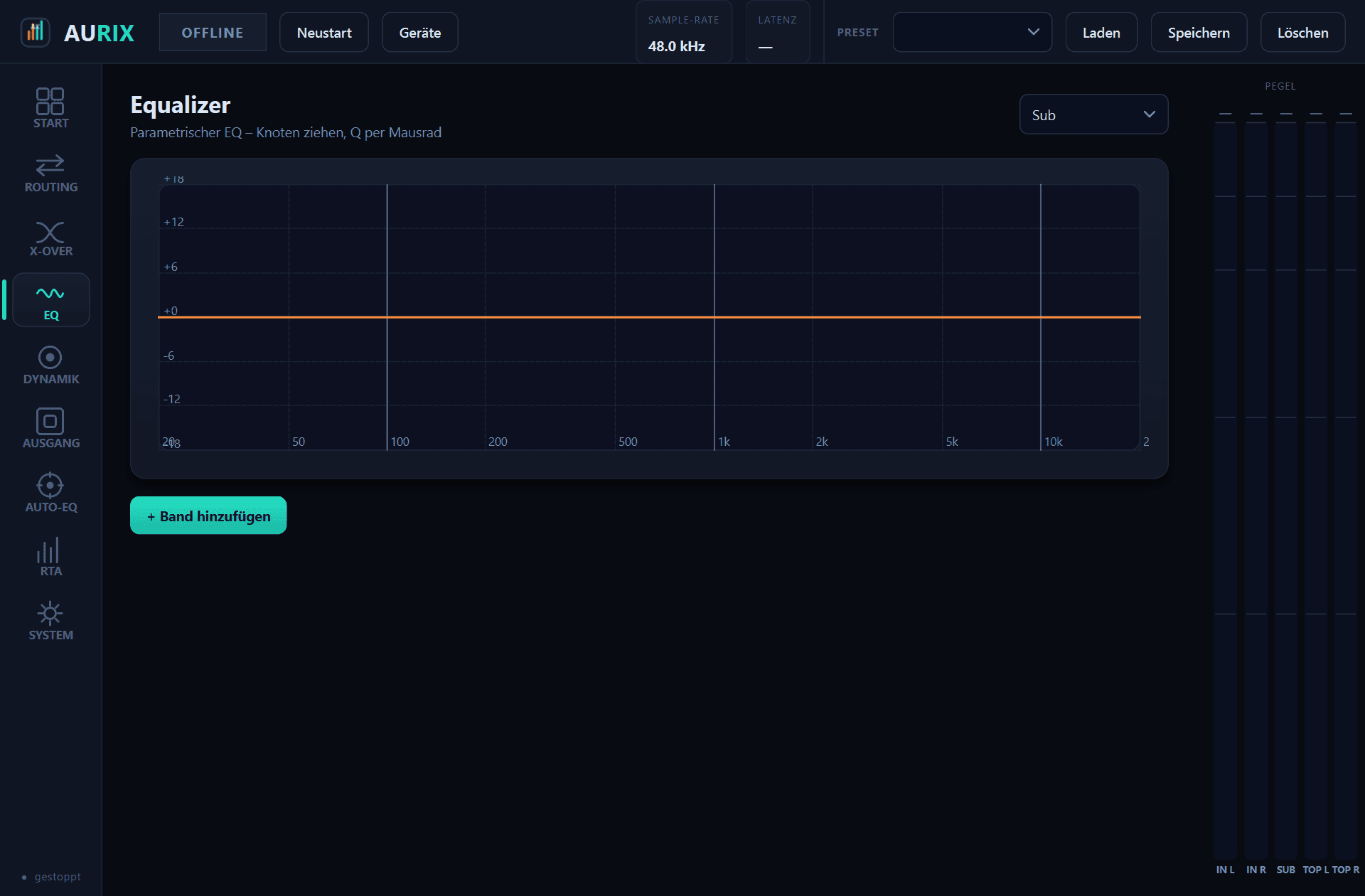 Parametric EQ with the measured response, the target curve and the resulting correction on one graph — filters can be edited by hand afterwards.