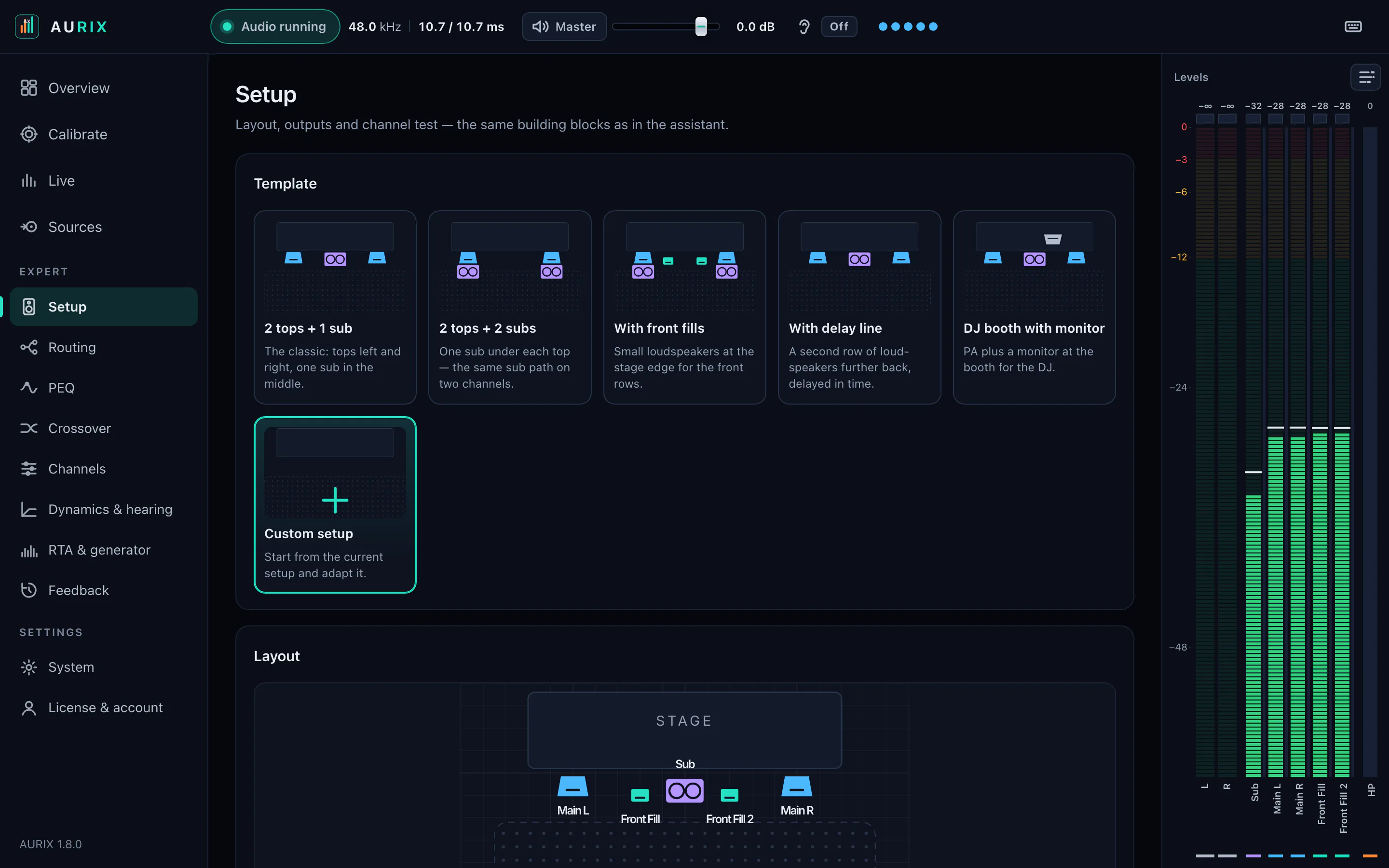 AURIX Setup page: templates for typical rigs, below them the layout as a floor plan — stage, Main L and R, sub and two front fills.