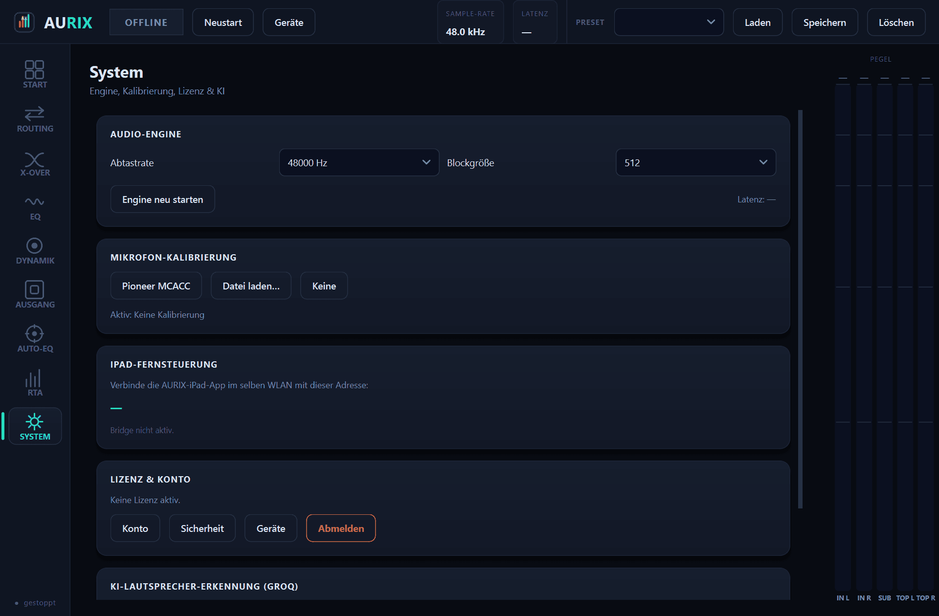 Audio device, sample rate, block size, licence status and the remote bridge for the iPad app.