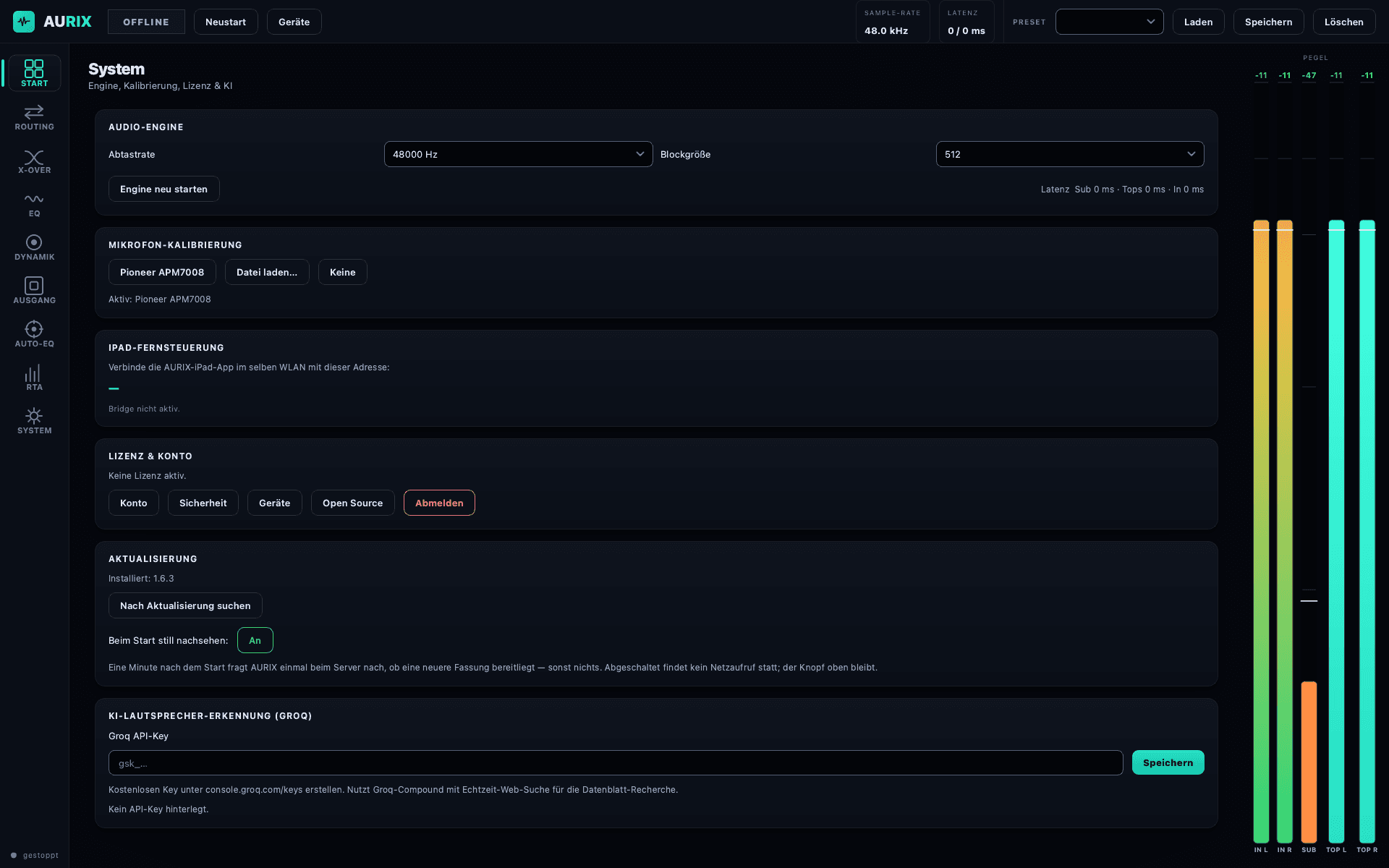 Audio device, sample rate, block size, licence status and the remote bridge for the iPad app.