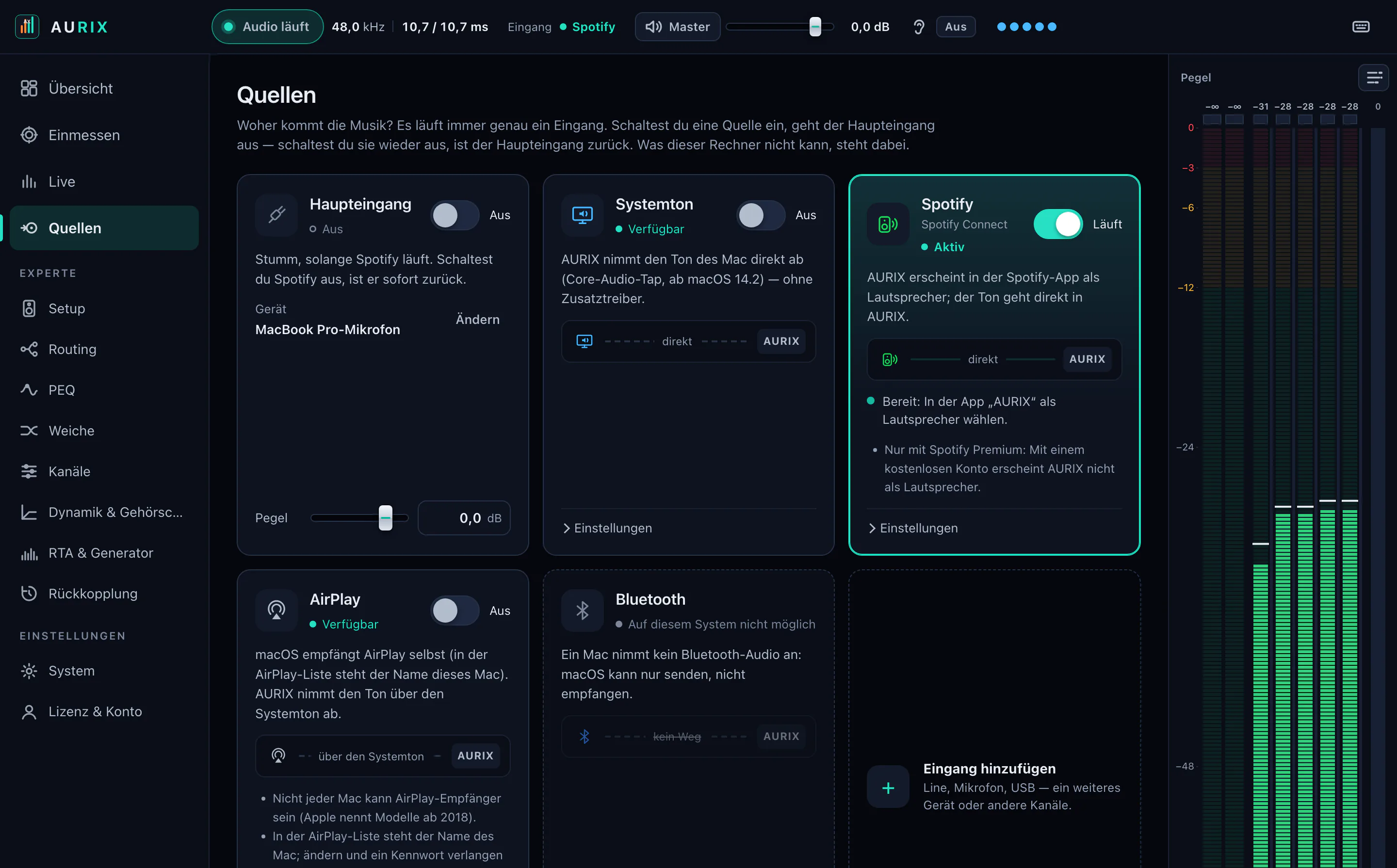 Einmess-Assistent von AURIX, Schritt Quellen: Karten für Haupteingang, Spotify Connect und AirPlay, jede mit eigenem Schalter, Zustand und Weg zur Anlage.
